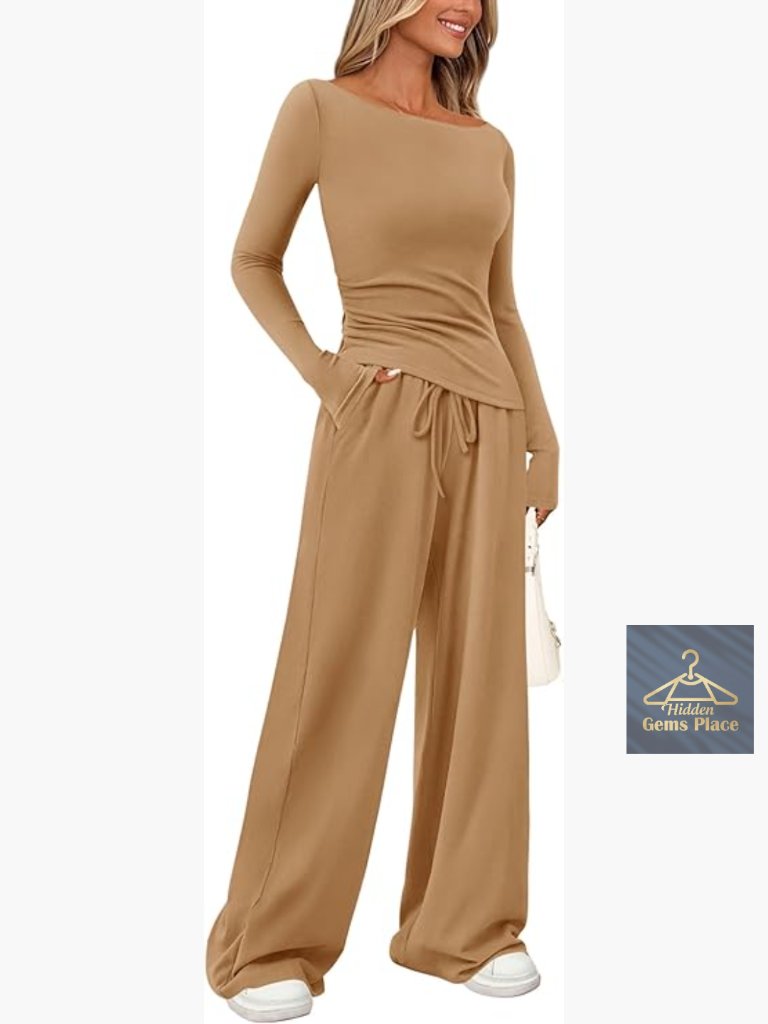 Women's 2-Piece Lounge Set Long Sleeve Top Wide Leg Pants Tracksuit